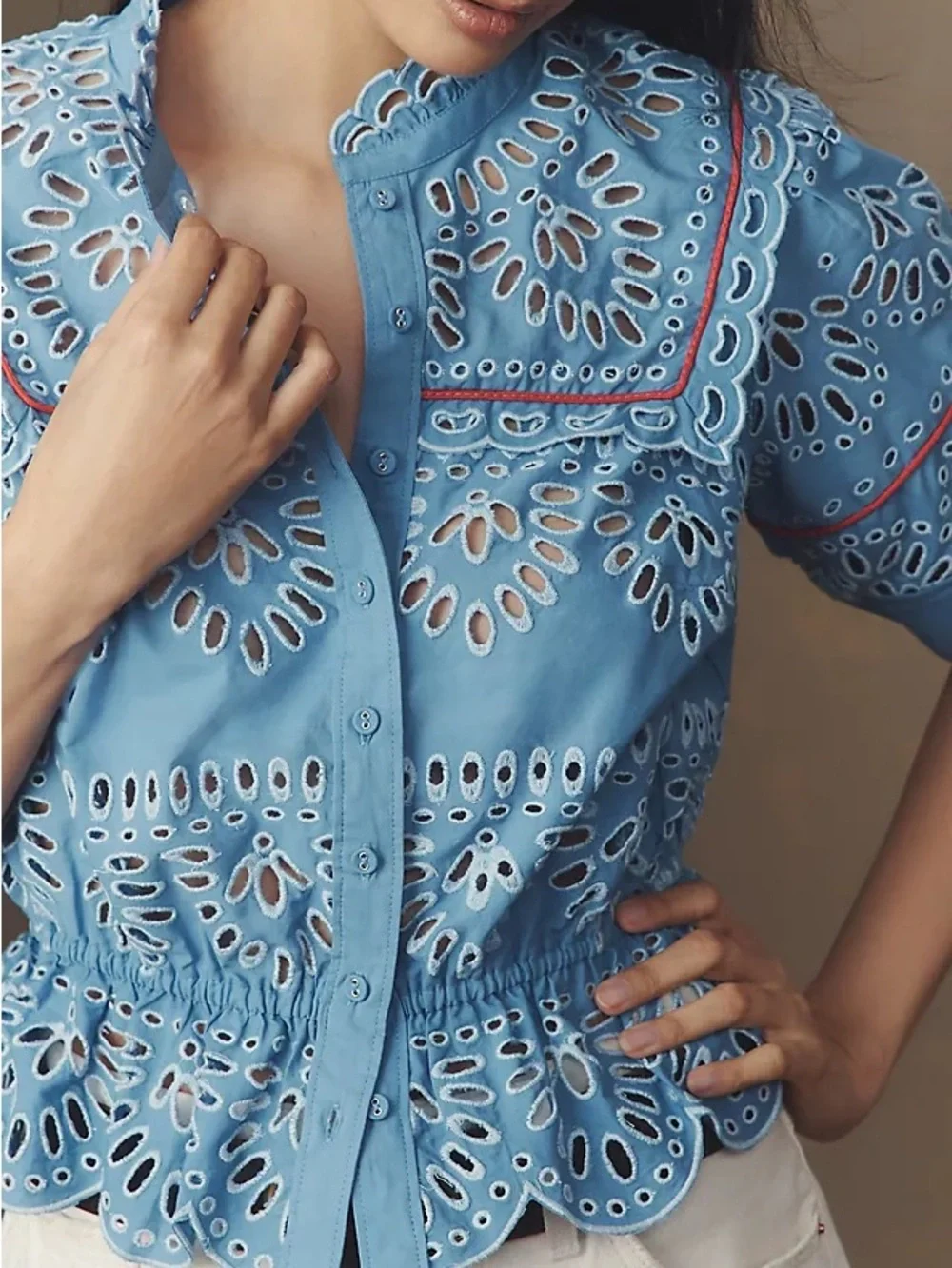 NWT Anthropologie Blue Eyelet Peplum Short-Sleeve Top